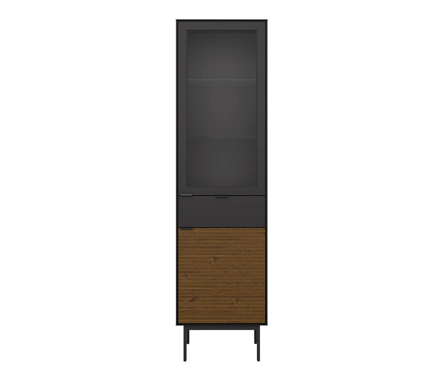 Schwarze Vitrine mit Glastüren, einer Schublade oben und einem Holzschrank unten.