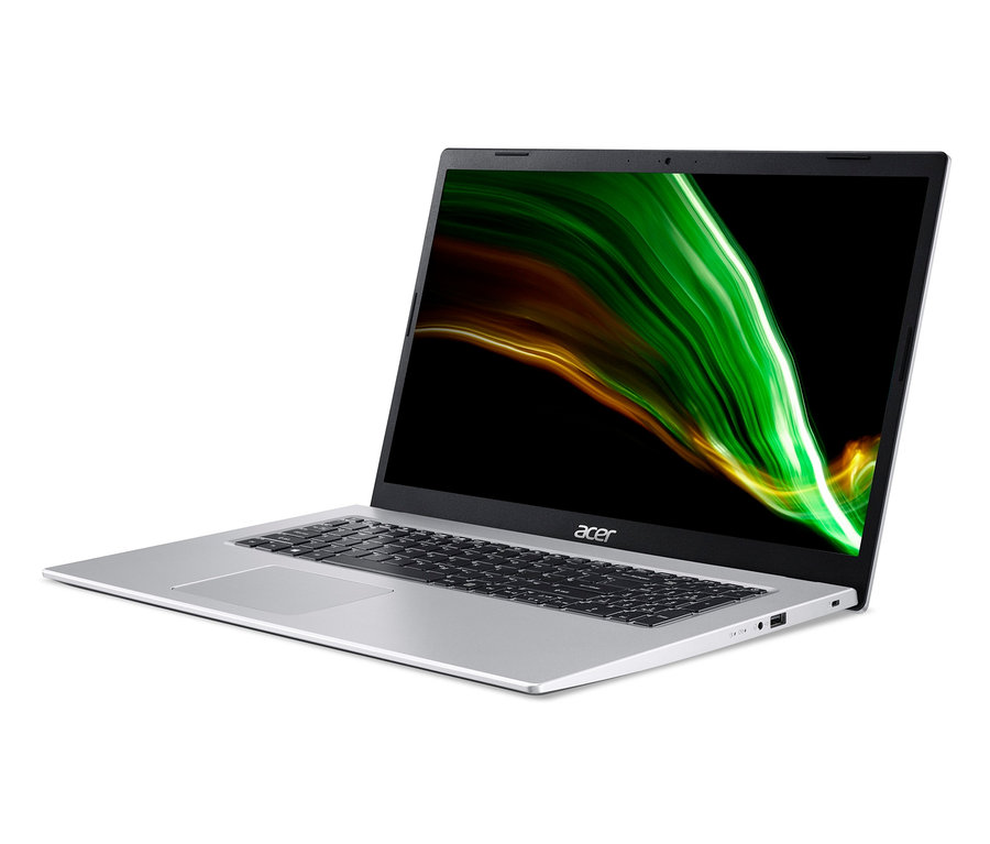 Silberner Acer Aspire 3 A317-33-P059 Notebook mit schwarzer Tastatur und einem Bildschirm, der eine abstrakte Grafik in Grün und Gelb anzeigt.