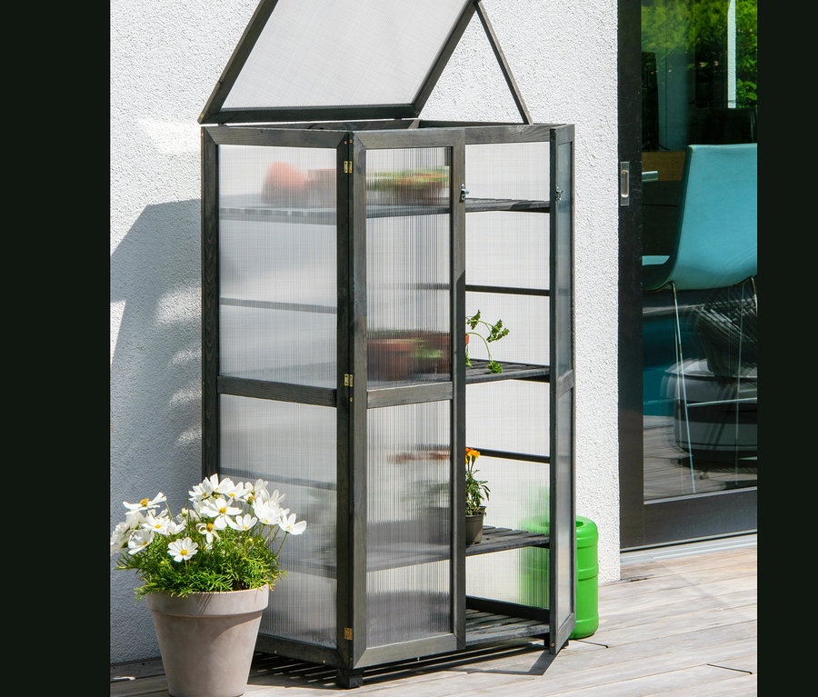 Ein anthrazitfarbener Anzuchtschrank namens "Dome" steht auf einem Holzdeck neben einer weißen Wand.