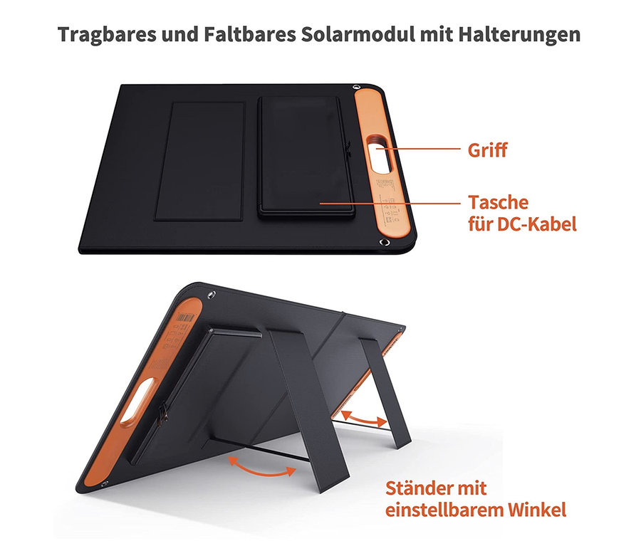 Ein faltbares Solarmodul mit Griffen, in zwei verschiedenen Perspektiven gezeigt. Das Solarmodul Jackery »Explorer 240« und »SolarSaga 100« ist sichtbar.