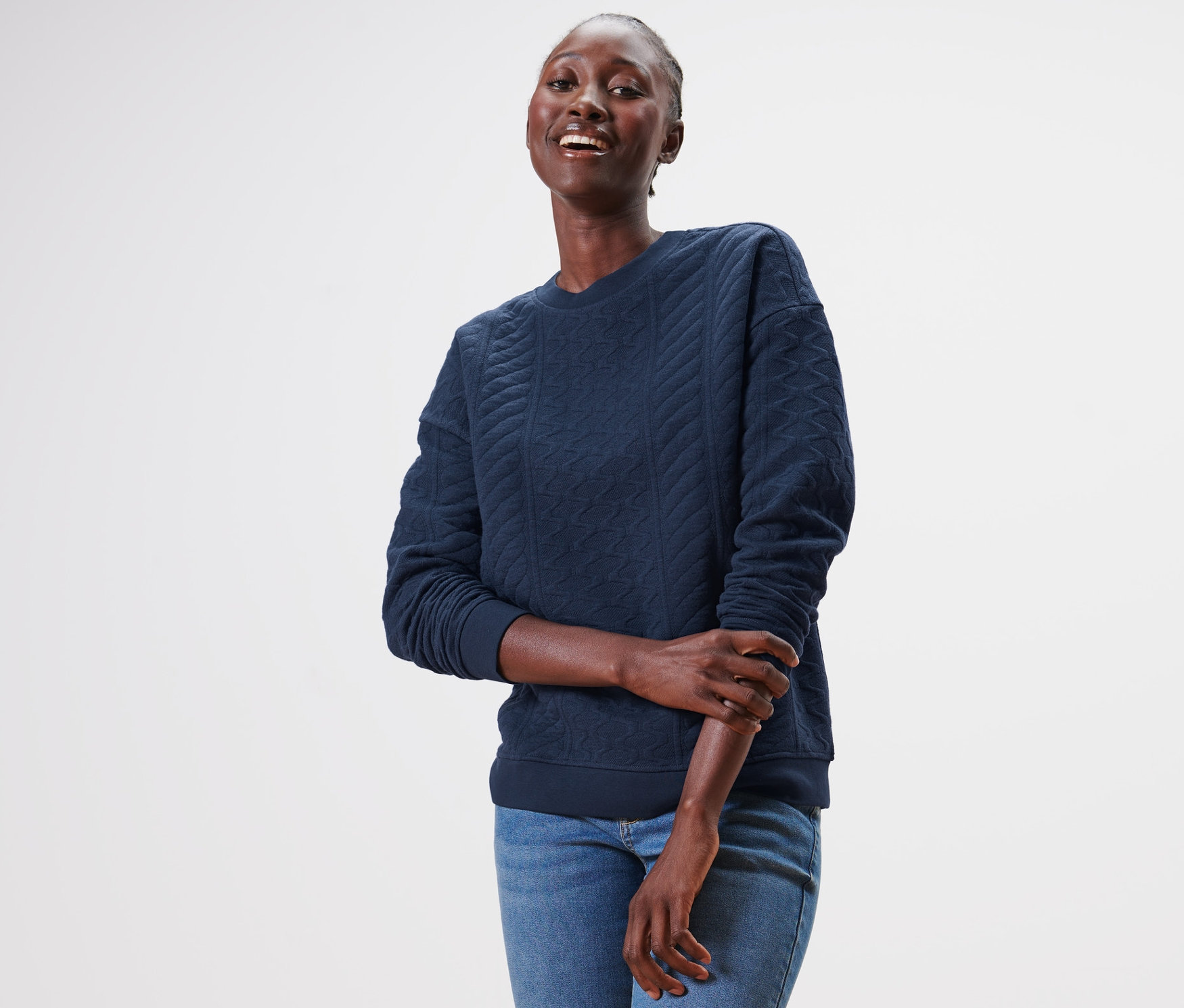 Thumbnail - Tchibo - Sweatshirt mit Zopfmuster - Damen - Gr. M - dunkelblau/jacquard