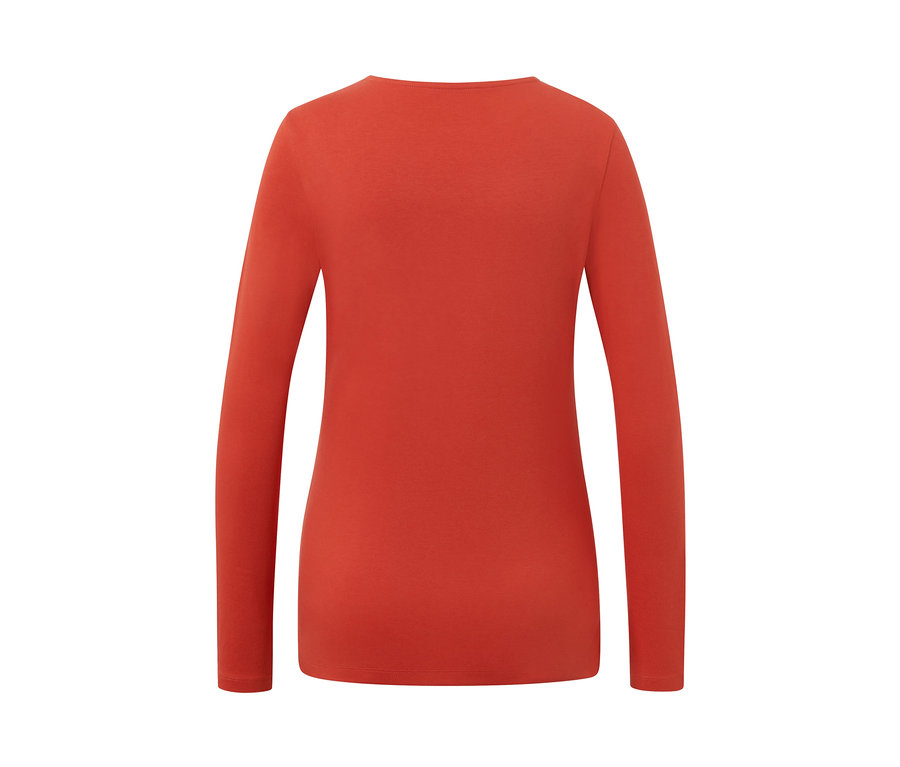 Rückansicht eines orangefarbenen Langarmshirts.