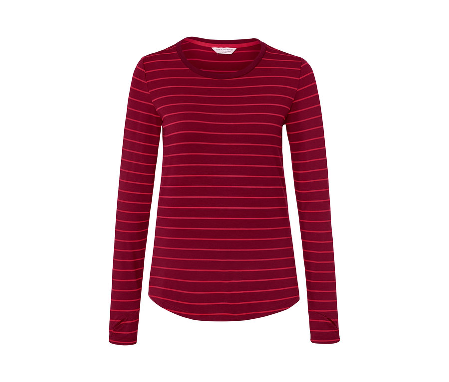 Langarm-Sportshirt in rot-weinrotem Streifenmuster.