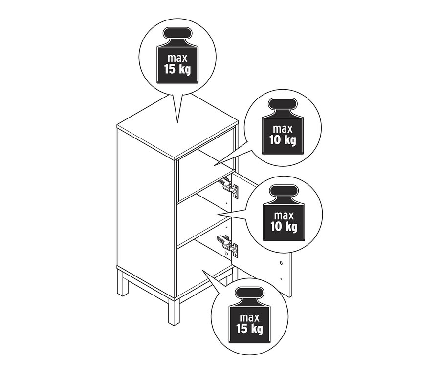 Abbildung eines flachen Bad-Beistellschranks »Eklund« mit geöffneten Türen und Darstellung des maximalen Gewichts.