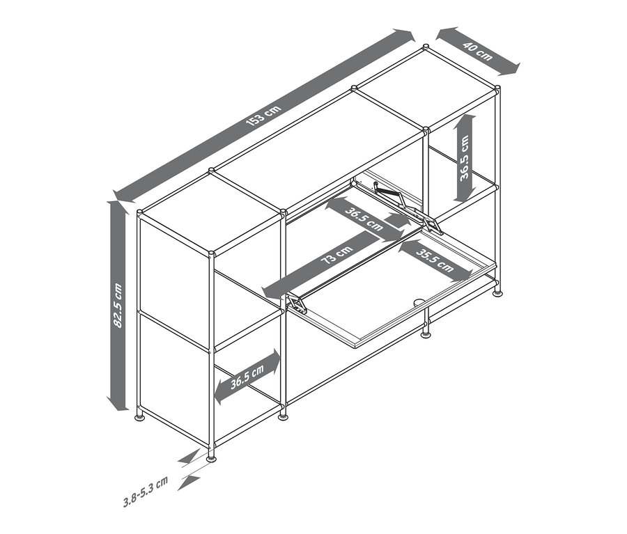 Abmessungen des Sideboards »CN3« mit 2 Klappfächern.