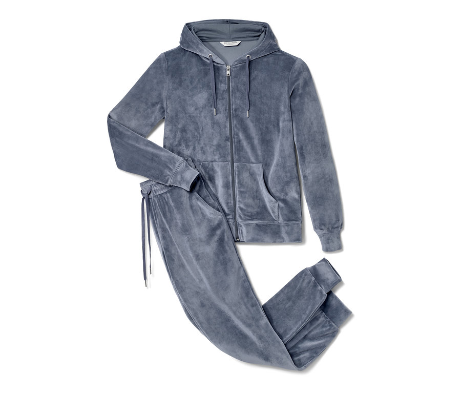 Dunkelblauer Nicki-Hausanzug: Kapuzenjacke mit Reißverschluss und Hose.