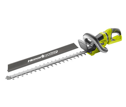 Grüne und schwarze Ryobi 36 V Akku-Heckenschere mit Heckensammelaufsatz.