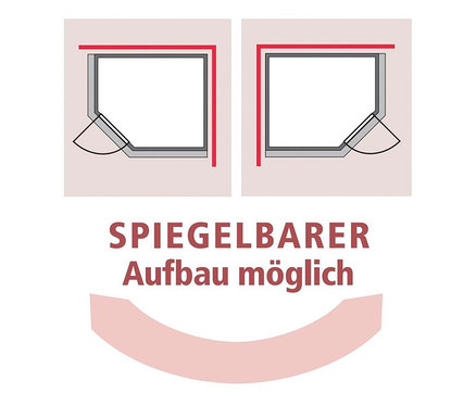Zwei schematische Darstellungen einer Sauna mit spiegelbildlich angeordneten Türen und dem Text "SPIEGELBARER Aufbau möglich".