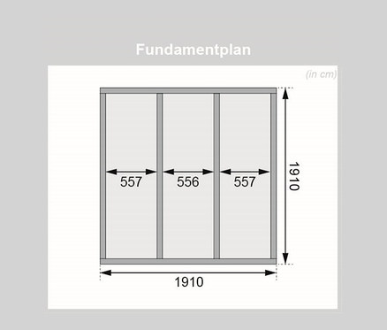 Grundriss des Karibu Saunahauses "Heidi" mit Maßangaben in Zentimetern.