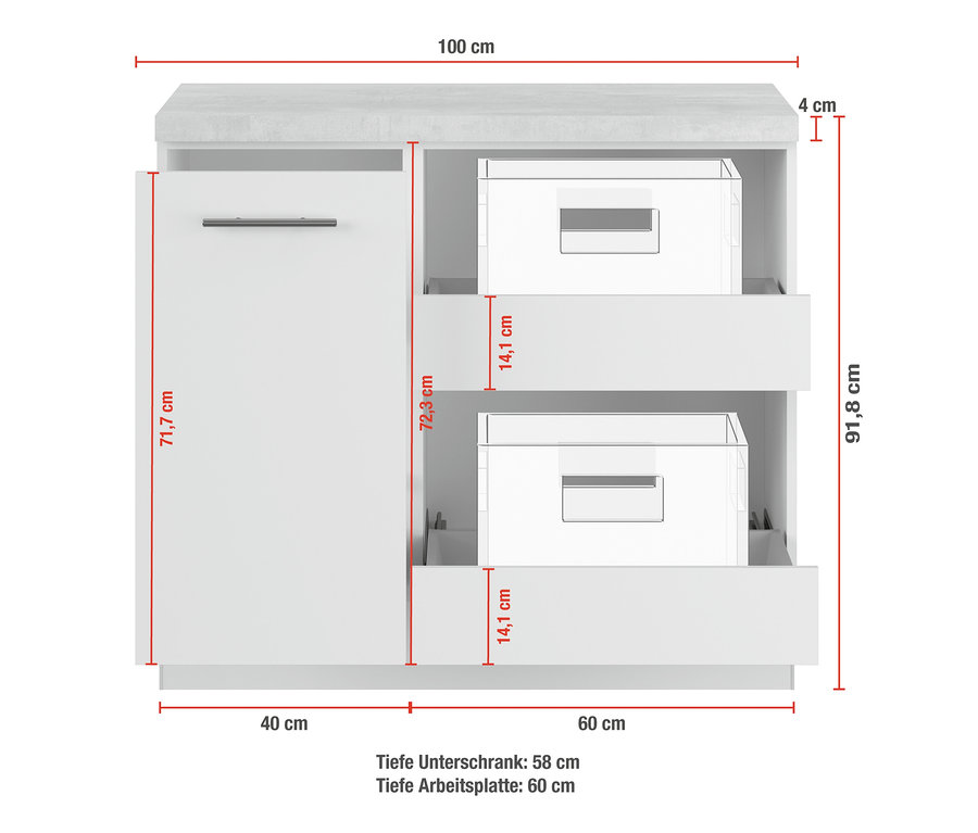 Abmessungen des Unterschrankmoduls mit Abfallsammler.