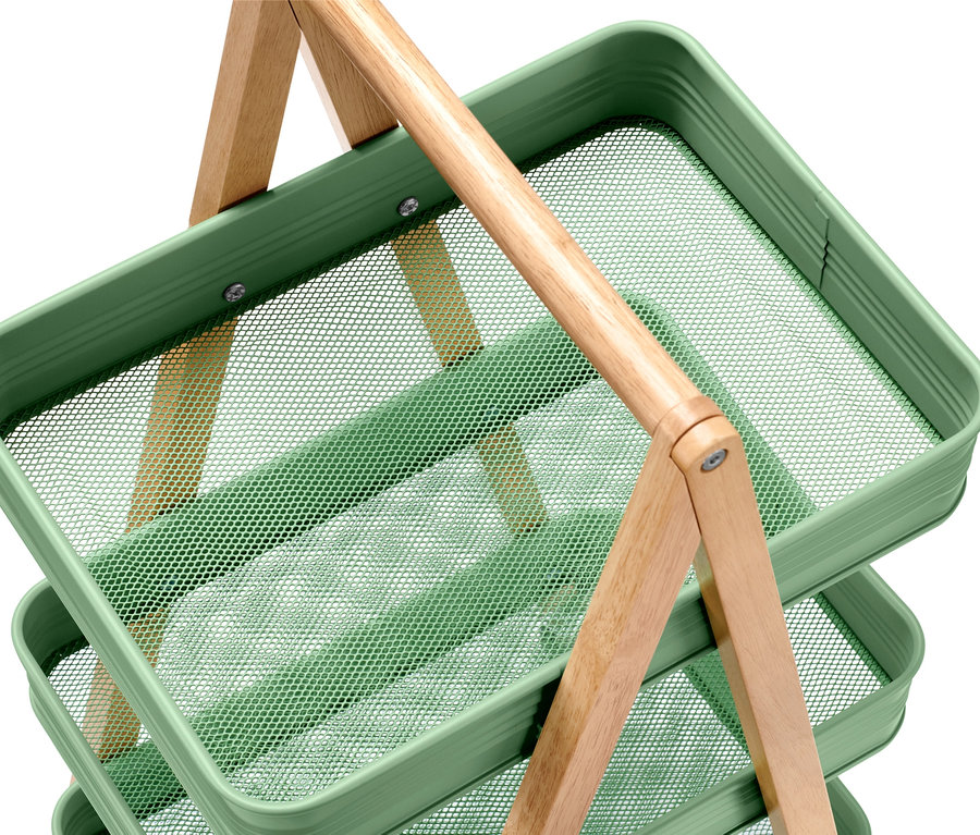 Detailansicht eines Küchen-Servierwagens mit drei grünen Drahtkörben und Holzgriff.