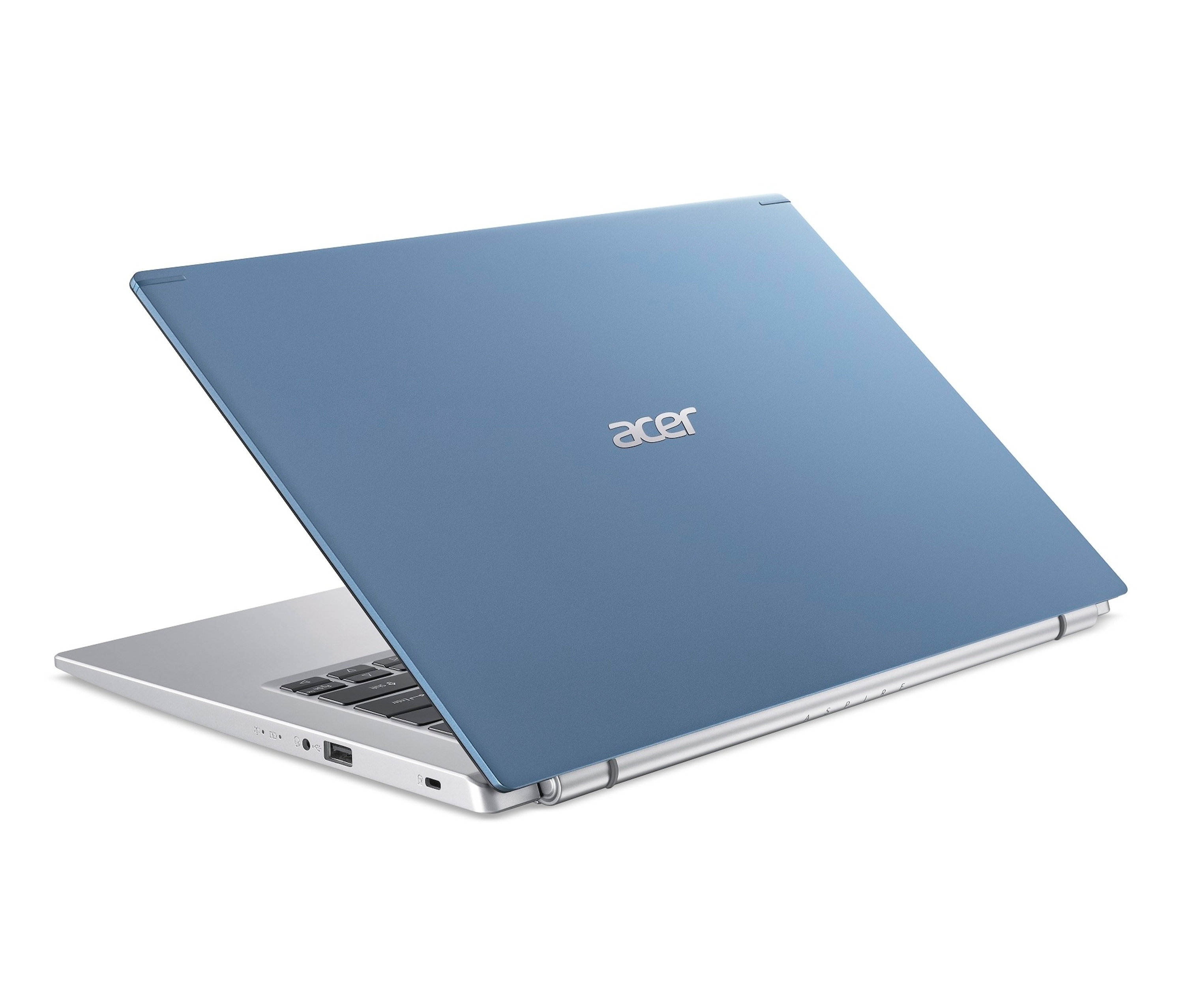 Ein leicht geöffnetes, blaues Acer Aspire A514-54-35WT Notebook.
