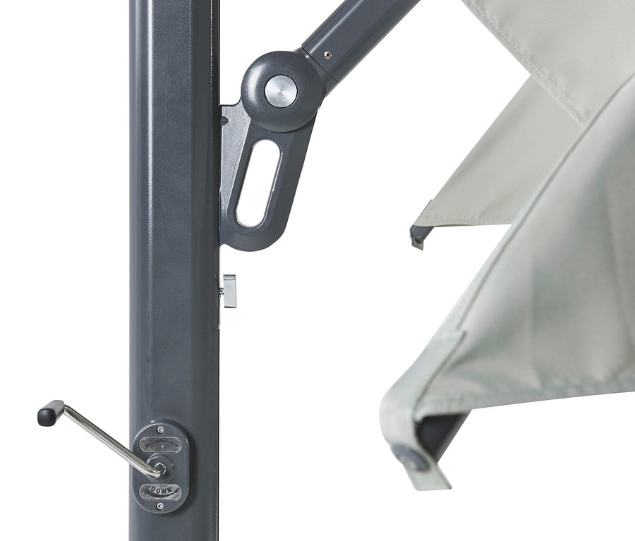 Detailaufnahme eines hellgrauen Leco Premium-Ampelschirms, ca. 300 x 300 cm.