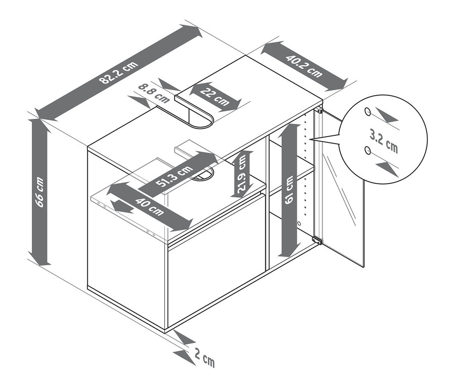 Abbildung eines Waschbeckenunterschranks fürs Bad mit Maßangaben.