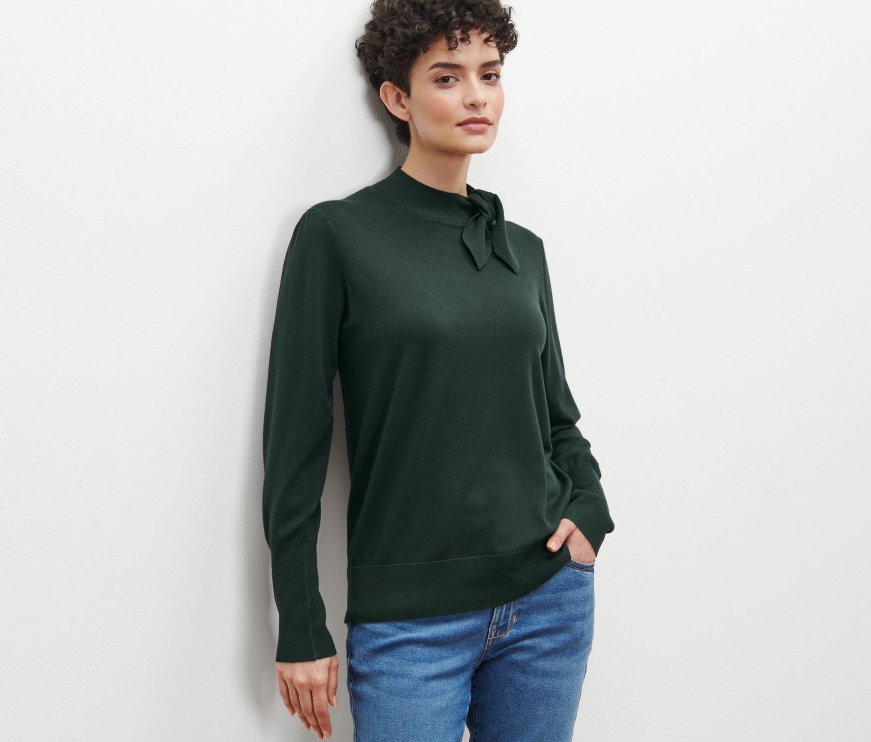Thumbnail - Tchibo - Feinstrickpullover mit Schleifendetail - Damen - Gr. XL - dunkelgrün
