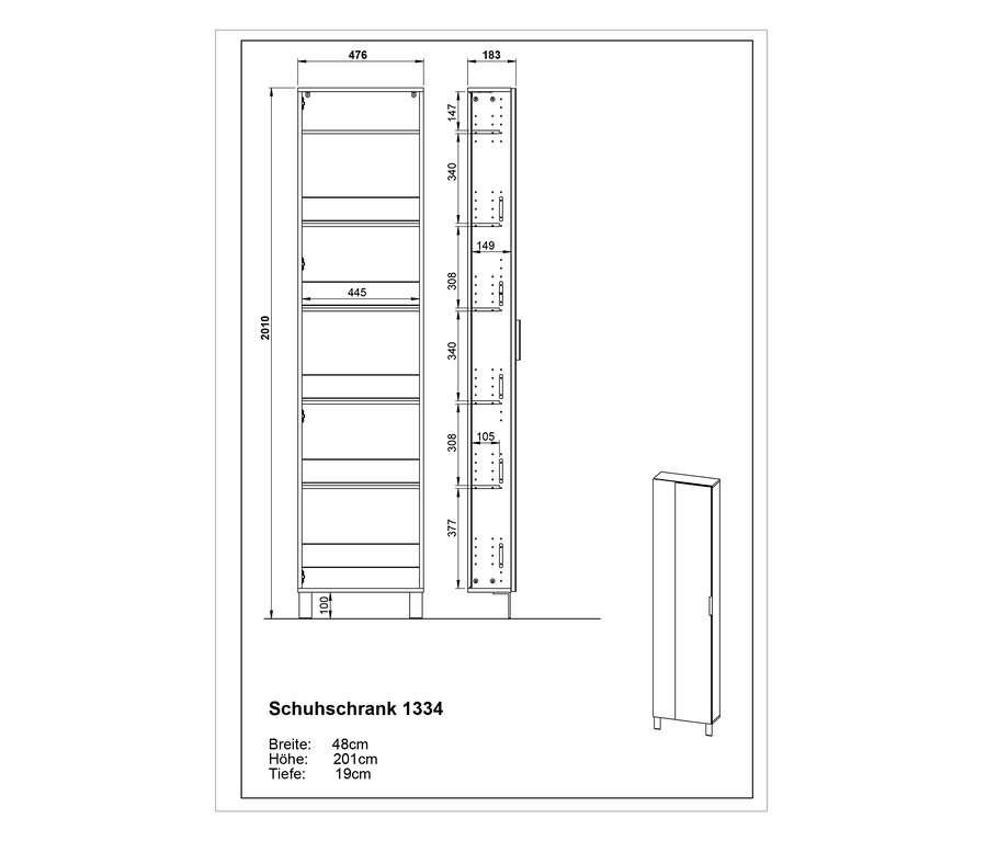 Diagramme eines Schuhschranks mit Spiegel mit Abmessungen.