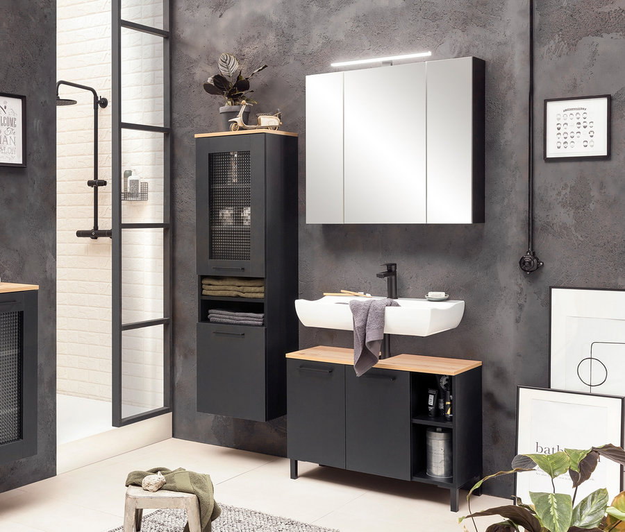 Schwarzer Badezimmerschrank mit Holzplatte, Waschbecken und Spiegelschrank »Malte«.