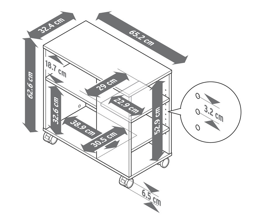 Illustration eines Stauraumregals mit Rollen und hervorgehobenen Abmessungen.