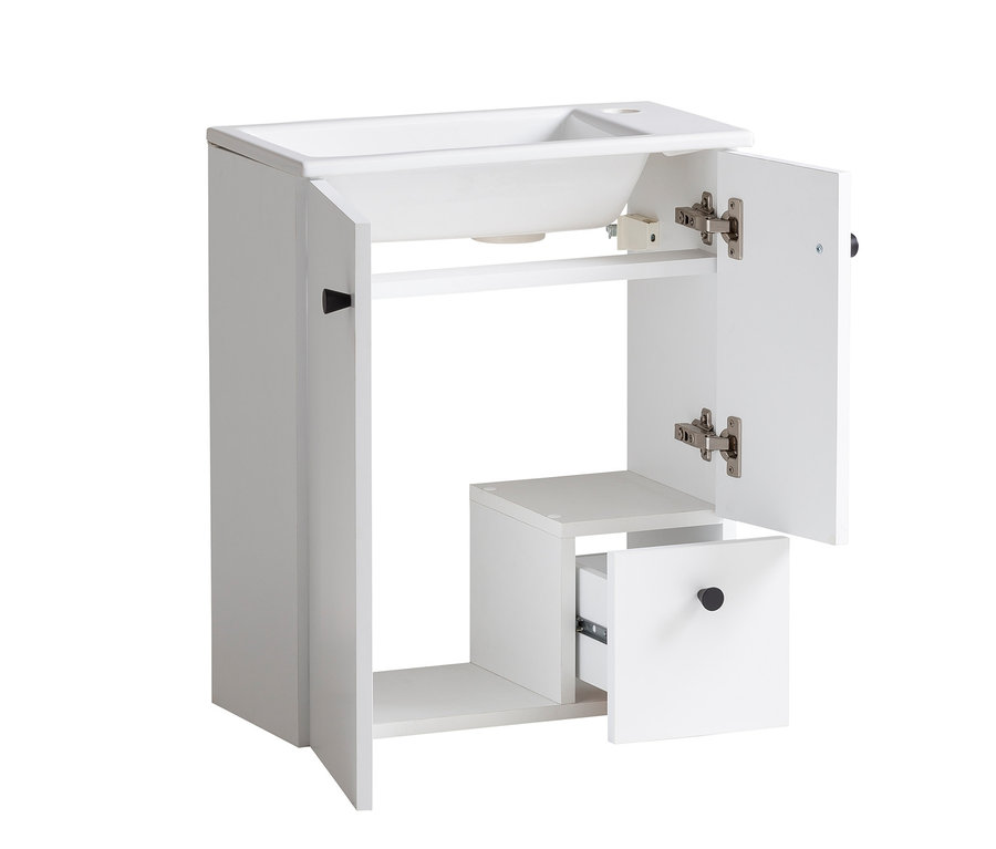Weißer Waschtisch »Balto« mit geöffneter Tür und Schublade.