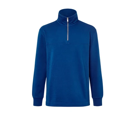 Blauer Sweat-Troyer mit kurzem Reissverschluss.