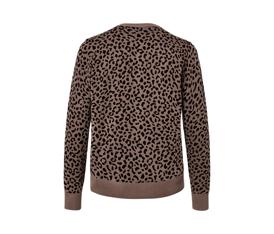 Rückansicht eines braunen, bedruckten Feinstrick-Cardigans mit schwarzem Tiermuster.