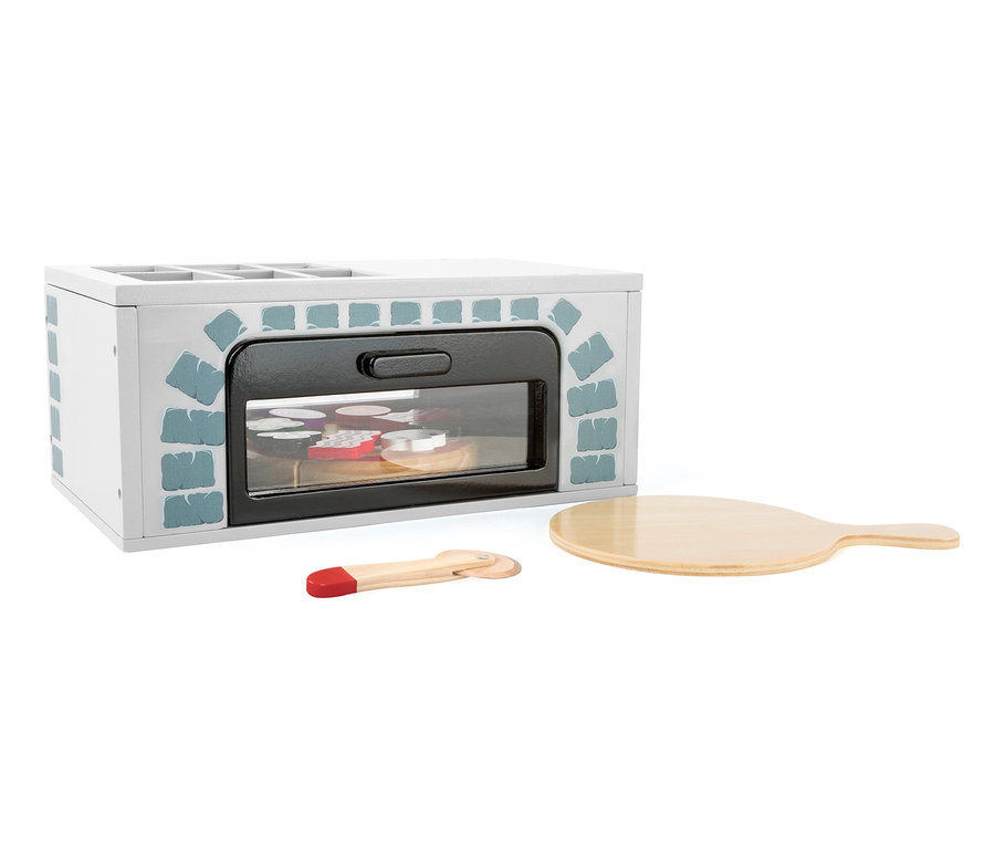 Ein kleiner Foot Pizza-Ofen Kinderküche mit Pizzaschaufel und Pizzaschneider.