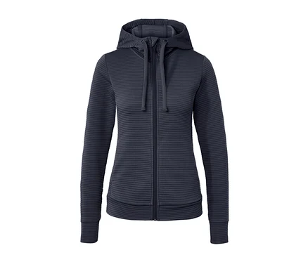 Blaue Kapuzenjacke mit Reißverschluss in der Mitte.