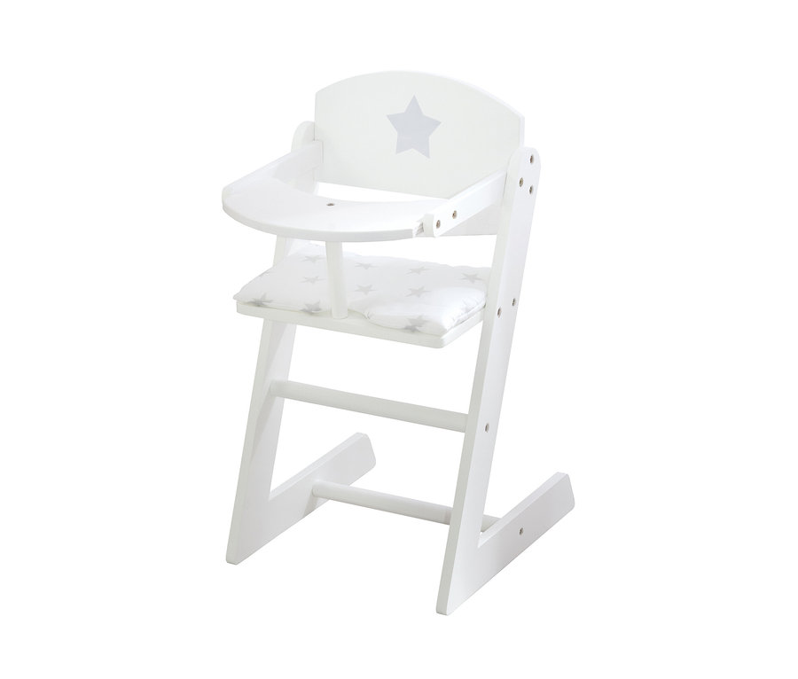 Weißer roba Puppenhochstuhl »Stella« aus Holz mit Stern auf der Rückenlehne und Kissen mit Sternmuster.