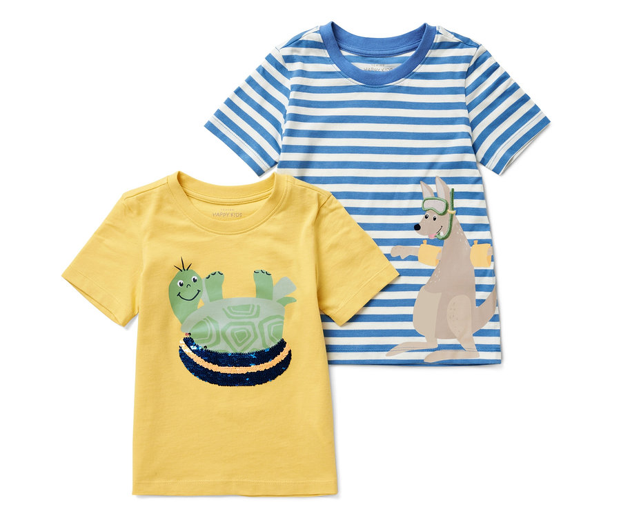 Zwei Kinder-T-Shirts mit Applikation: ein gelbes mit Schildkröte, ein blau-weiß gestreiftes mit Känguru.