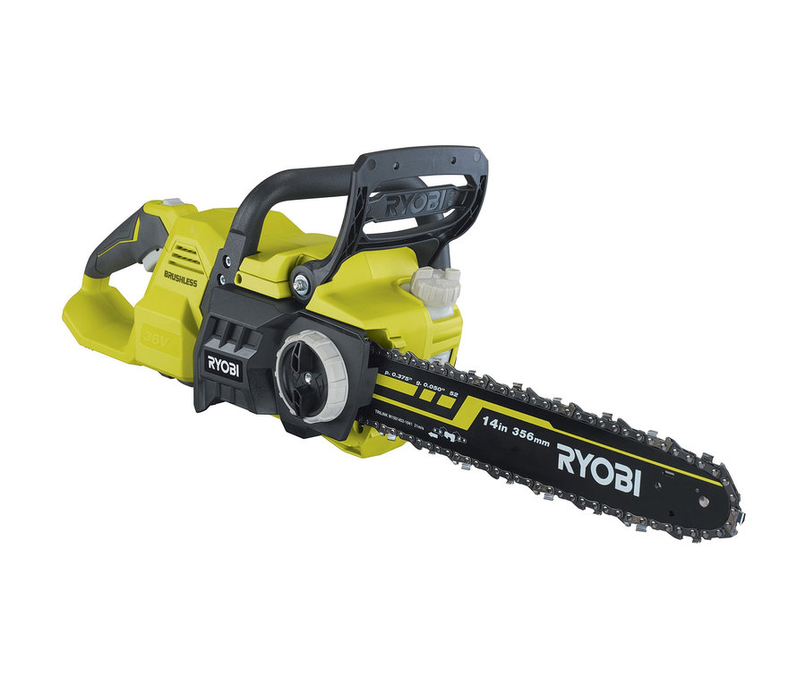 Eine gelb-schwarze Ryobi Akku-Kettensäge »RY36CSX35A-0«.