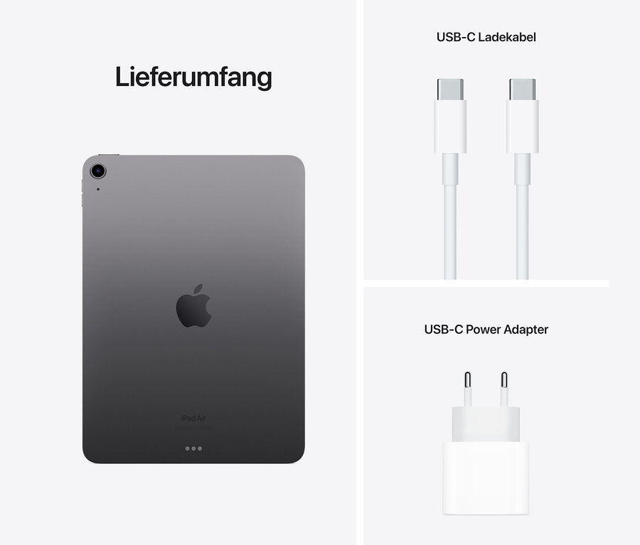 Lieferumfang: Spacegraues Apple iPad Air 2022, USB-C-Ladekabel und USB-C-Netzteil.