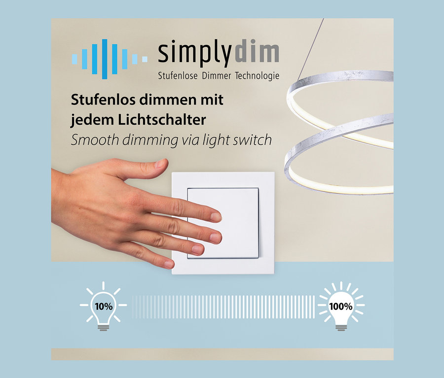 Eine Hand berührt einen Lichtschalter an der Wand; im Hintergrund ist eine LED-Hängeleuchte "Titus" zu sehen.