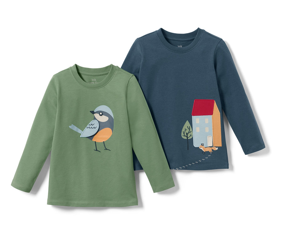 Zwei Langarmshirts, unifarben, mit Vogel- und Hausmotiv.