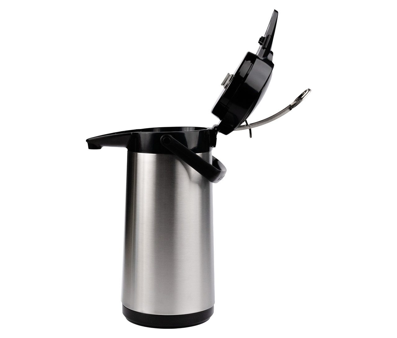 Geöffnete silberne Bonamat Pumpthermoskanne mit schwarzen Details.
