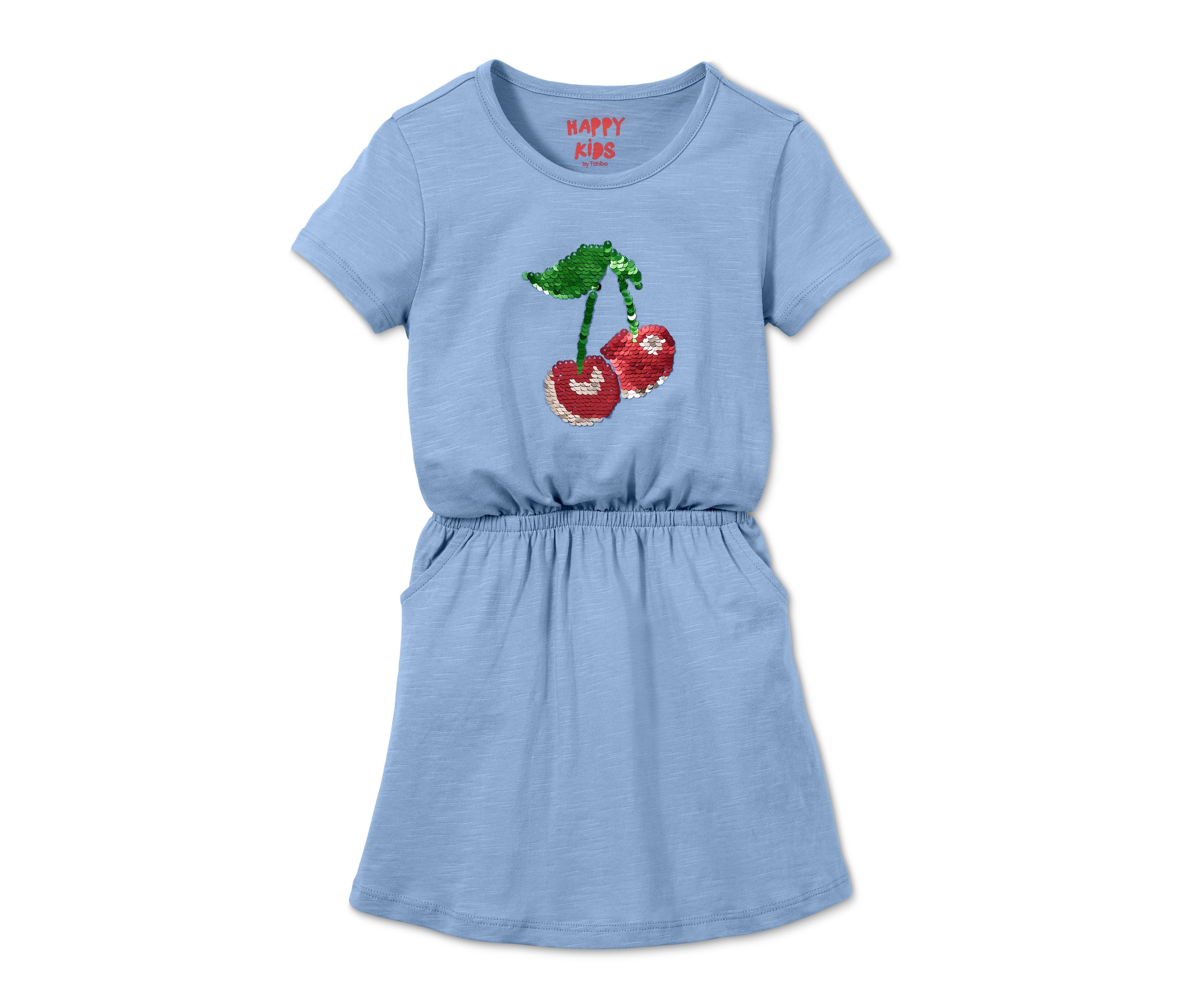 Ein blaues Jerseykleid mit Wendepailletten mit Kirschmotiv.