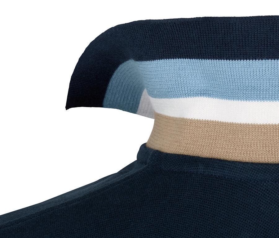 Detailansicht eines marineblauen Piqué-Poloshirts mit gestreiftem Kragen.