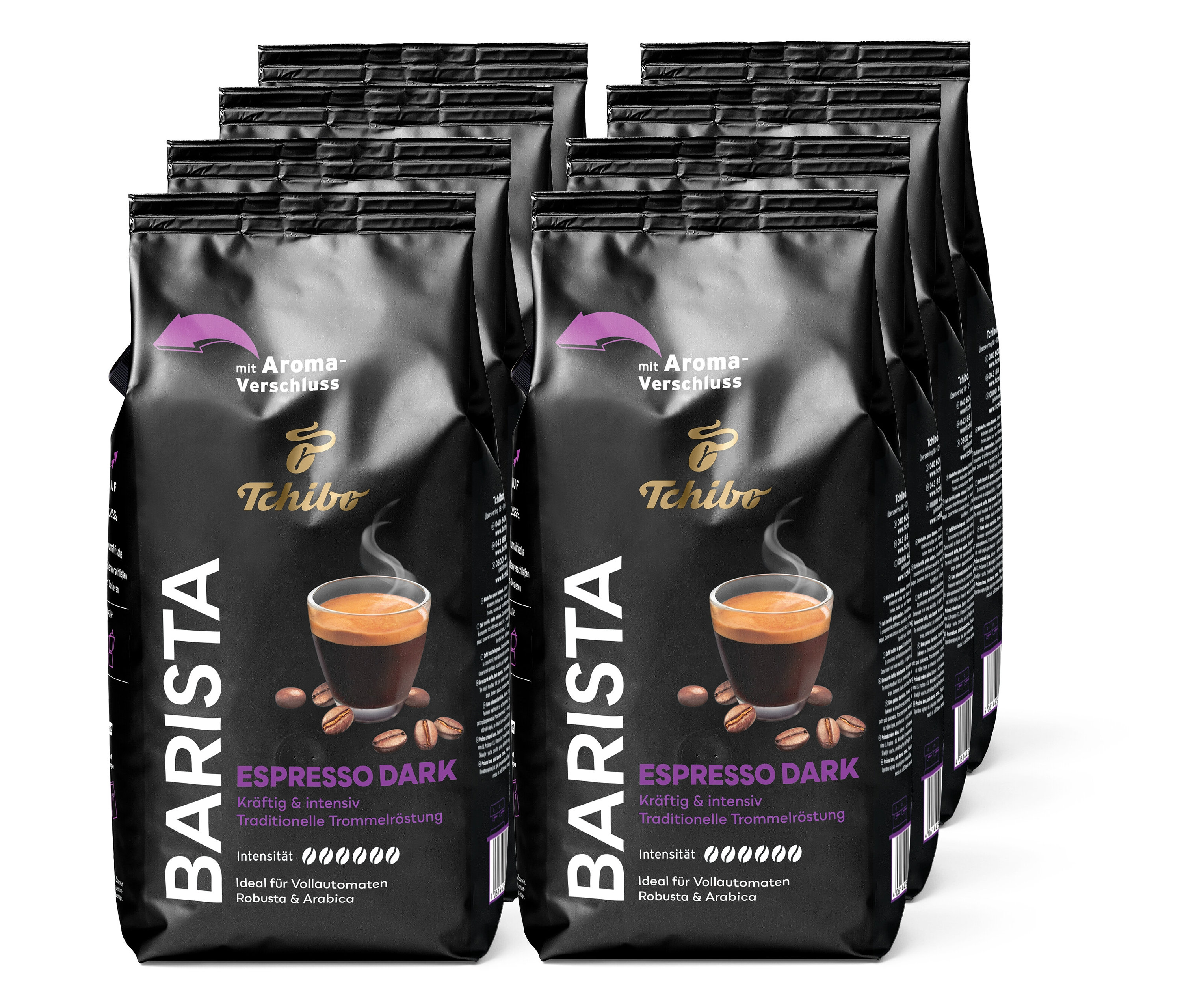 Acht Packungen BARISTA Espresso Dark - 8x1 kg Ganze Bohne, hintereinander gestapelt.