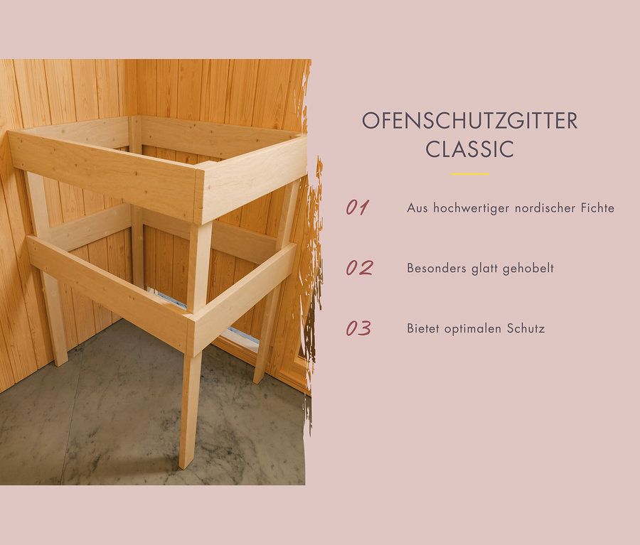 Hölzerner Ofenschutzgitter im Saunabereich.