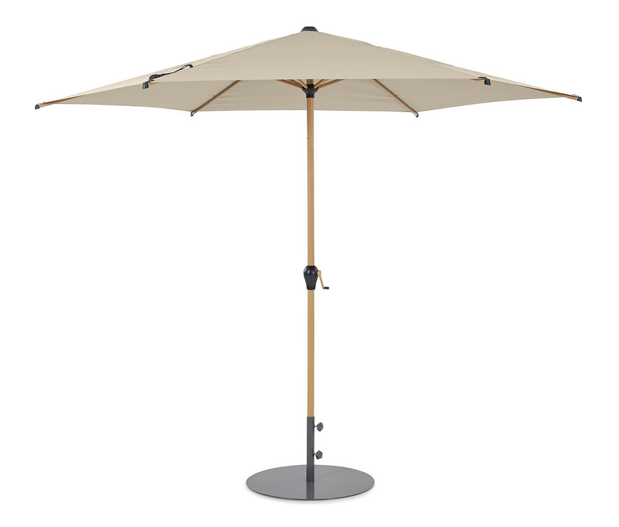 Ein beiger Leco Marktschirm in Holzoptik, inklusive Abdeckhaube.