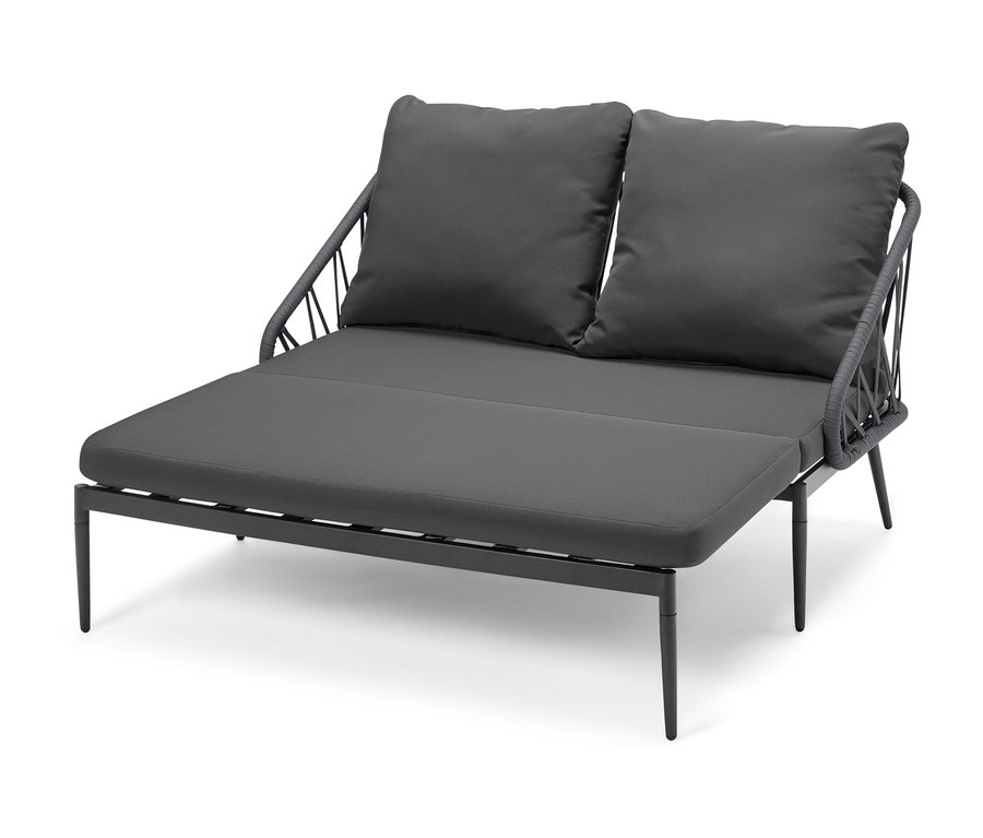 Graues ausziehbares Lounge-Sofa mit zwei Kissen.