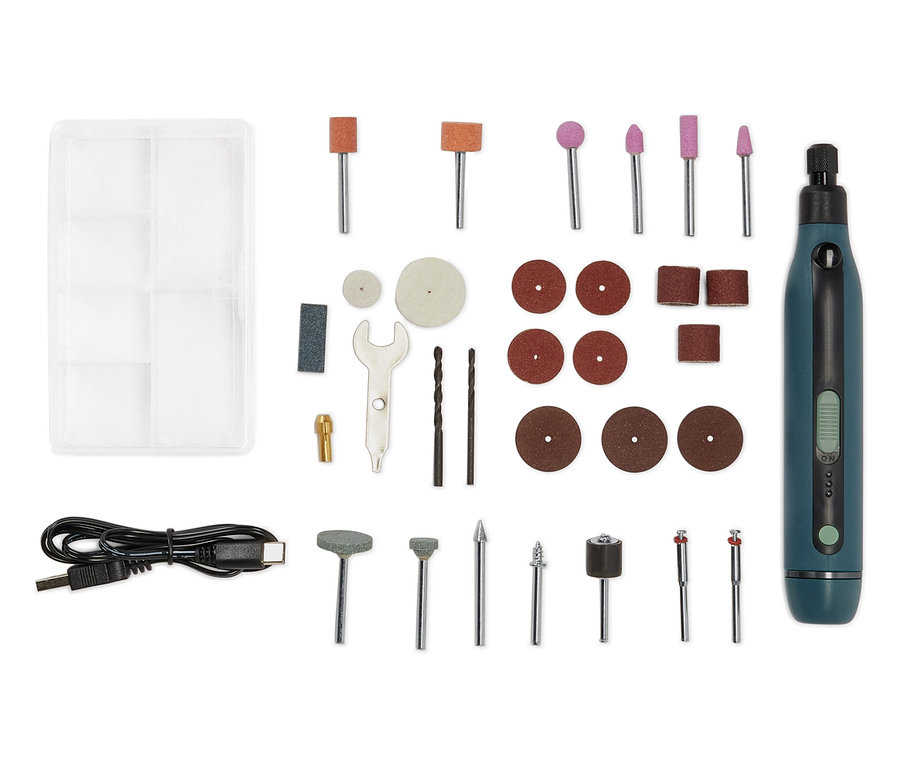 Ein 3,7 V Akku-Multifunktionswerkzeug-Set mit verschiedenen Aufsätzen und einem Ladekabel.