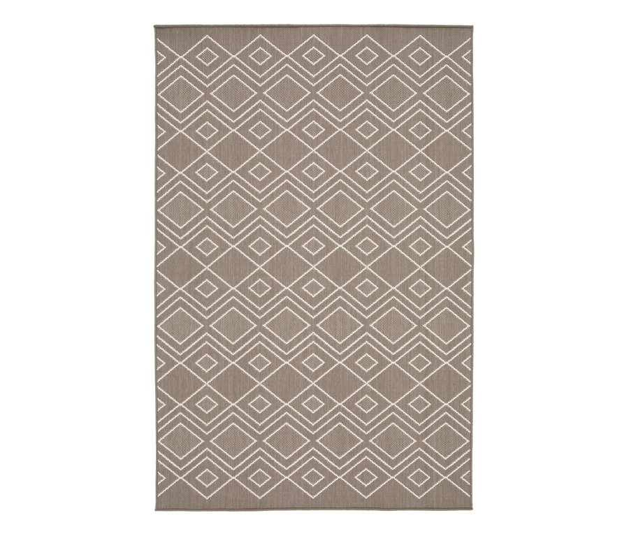 Brauner Outdoor-Teppich mit weißem Rautenmuster.