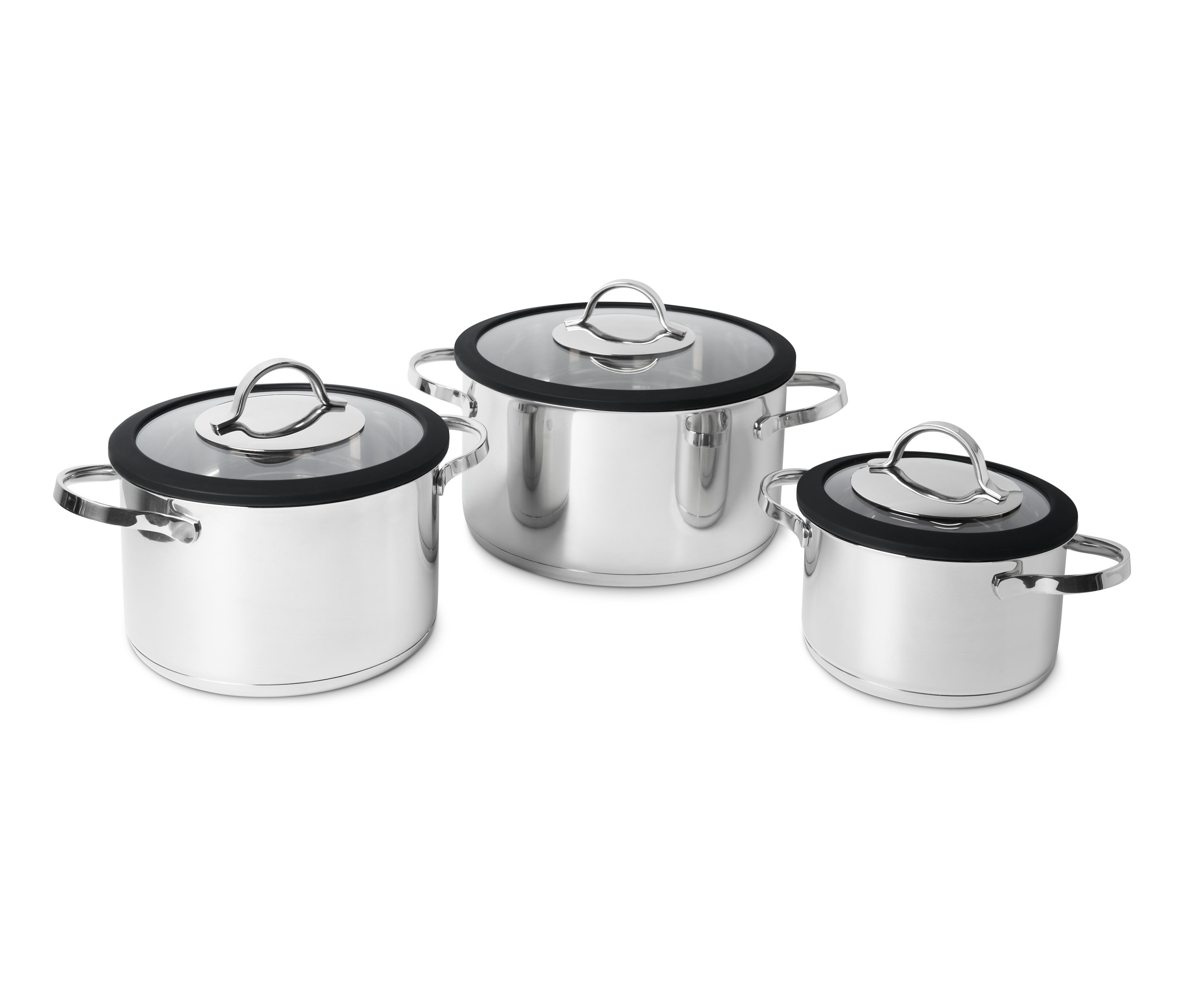 Edelstahl-Kochtopf-Set mit Glasdeckel.