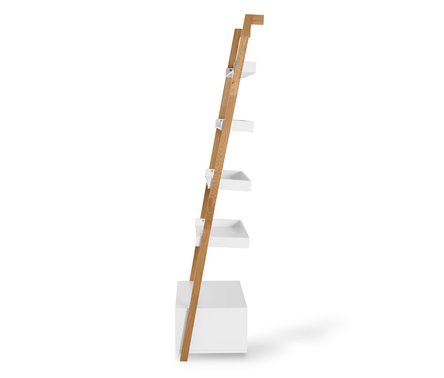 Ein Leiterregal mit einer weißen Schublade.