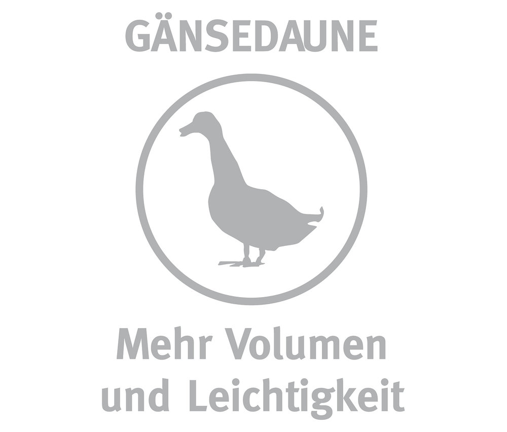 Eine graue Silhouette einer Gans in einem Kreis mit dem Text "GÄNSSEDAUNE" und "Mehr Volumen und Leichtigkeit".