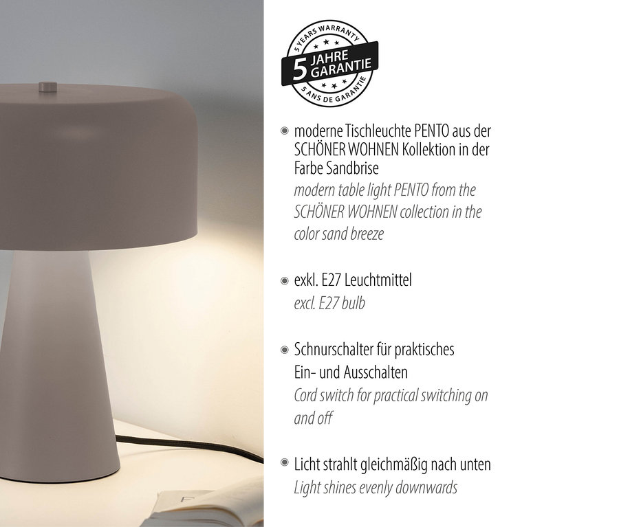 Moderne Tischleuchte PENTO aus der SCHÖNER WOHNEN Kollektion in der Farbe Sandbrise.