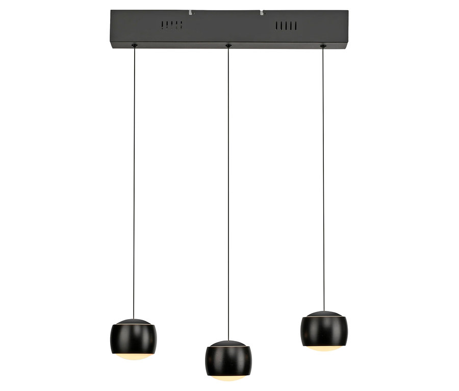 Schwarze Hängeleuchte mit drei Lichtern in zylindrischen Lampenschirmen.