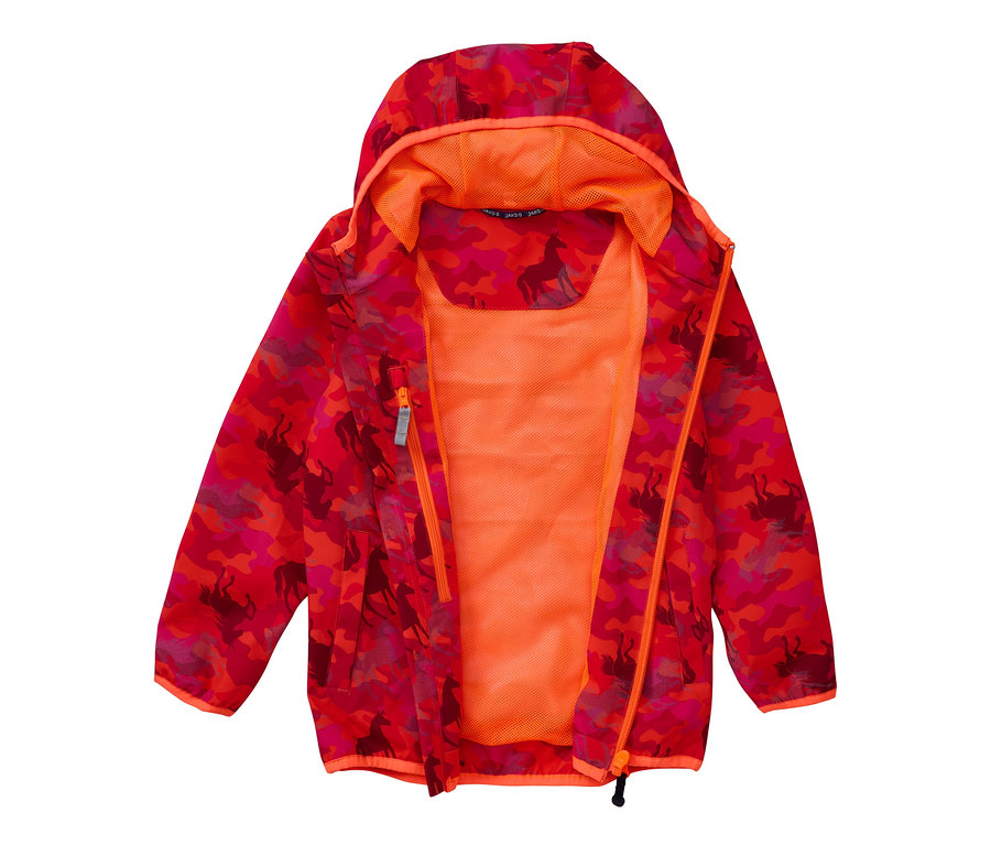 Geöffnete rote Jako-O Softshelljacke mit Kapuze und Einhornmuster.