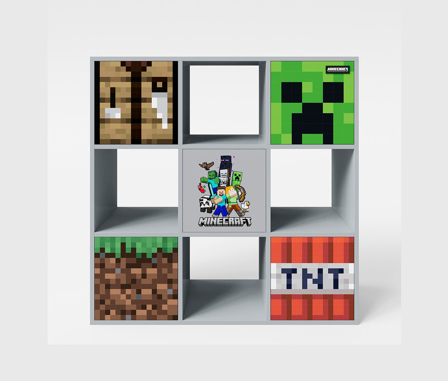 Graues roba Minecraft Regal mit neun Fächern, einige davon mit Minecraft-Motiven bedruckt.
