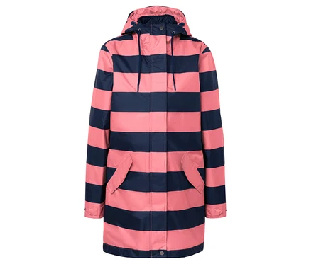 Rosa-blau gestreifte Regenjacke mit Kapuze.